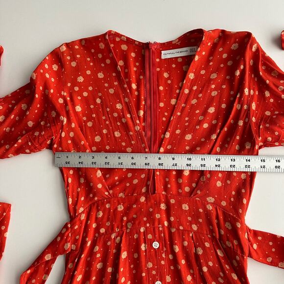 Faithfull the Brand Ditsy Floral Arm Back Bow Deep V Short Sleeve Mini Dress XS - Picture 6 of 8